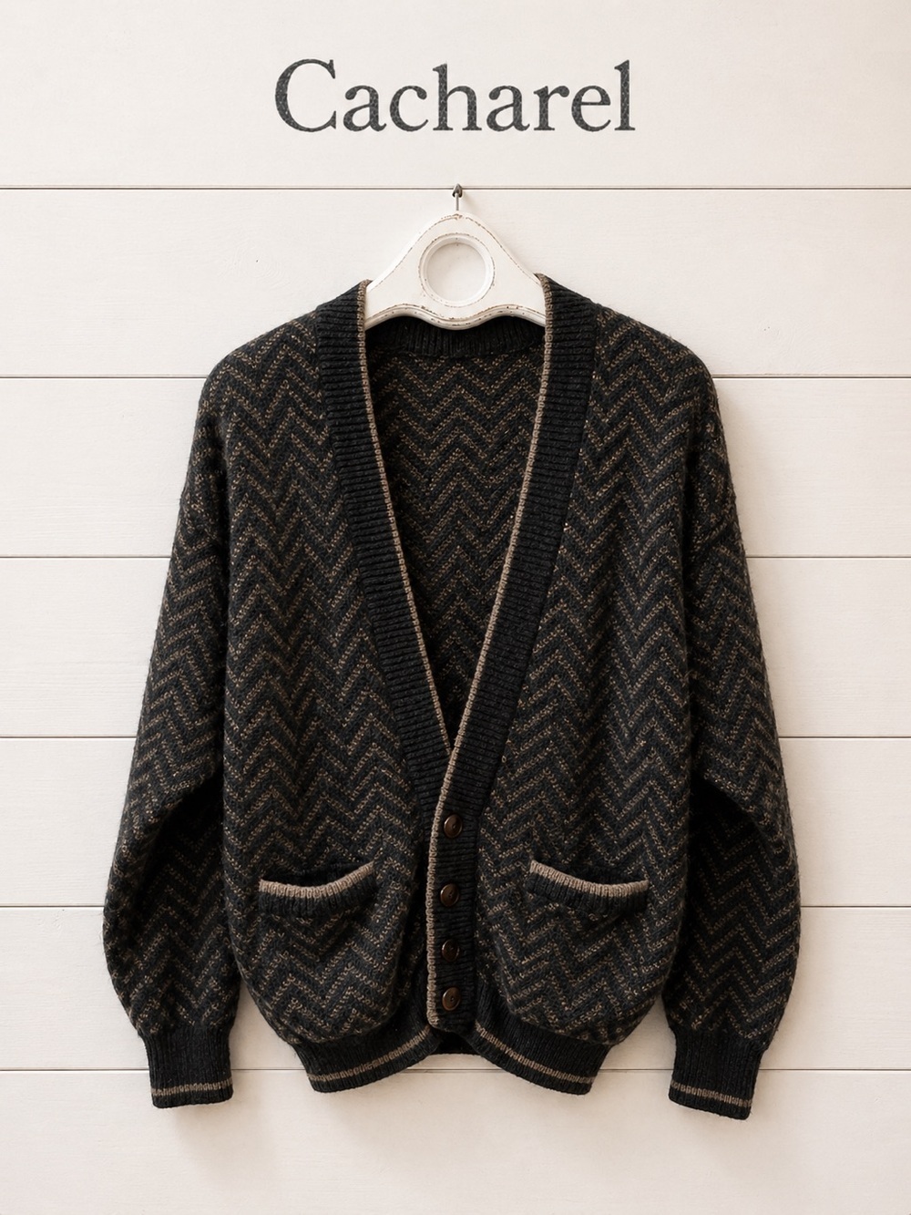 CACHAREL Grey & Beige Chevron Knit Cardigan – Size M